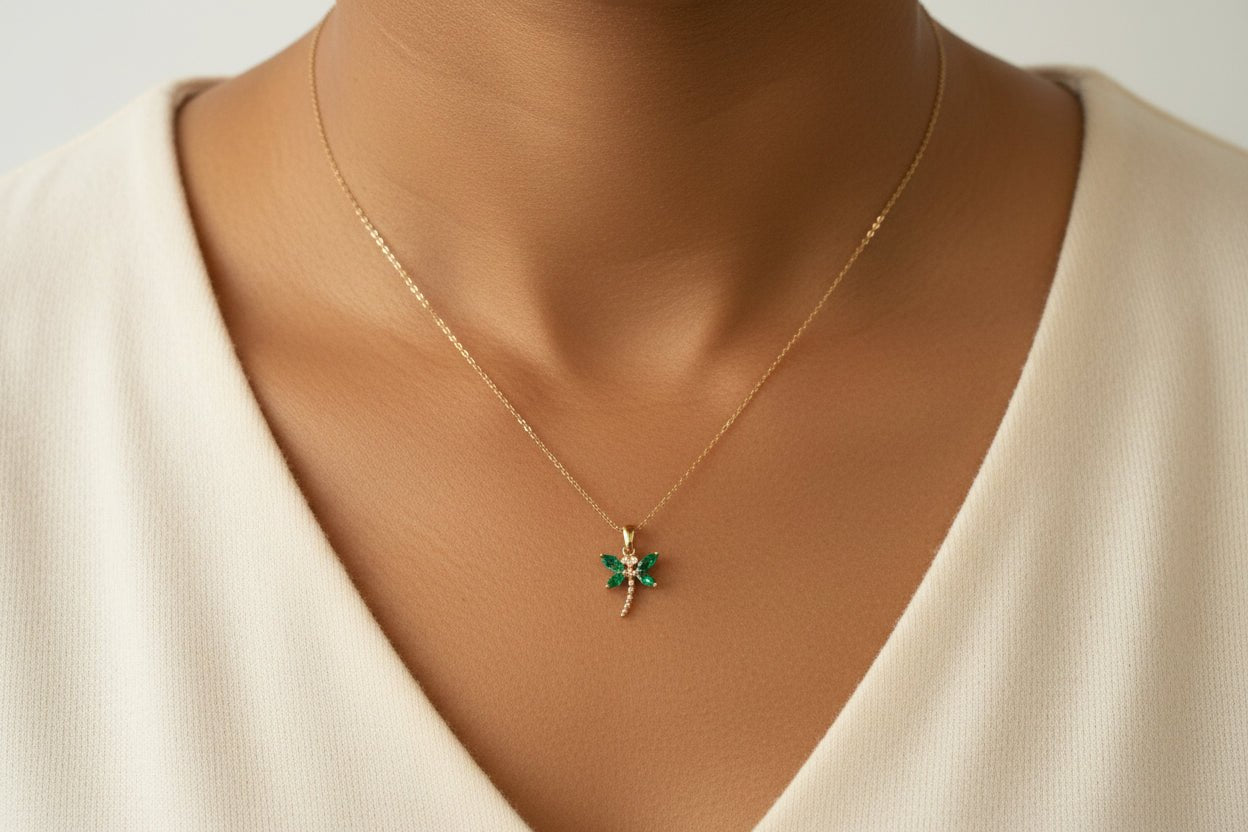 14K Gold Dragonfly Emerald Pendant Necklace. - Antonio Guzzo Fine Jewelry