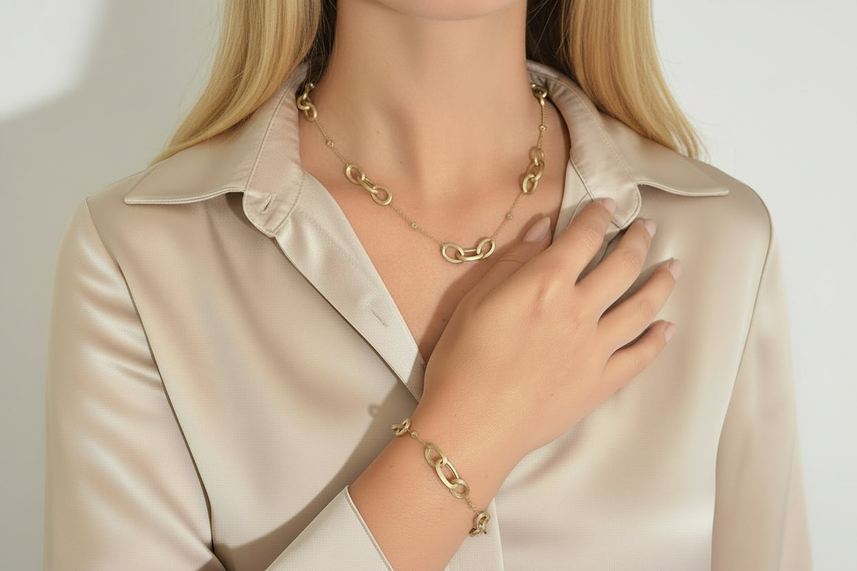 14K Yellow Gold Brushed Link & Bezel Stone Necklace - Antonio Guzzo Fine Jewelry