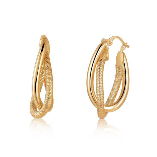 14K Solid Gold Twisted Double Hoop earrings, Textured & Polished Finish - Antonio Guzzo Fine Jewelry