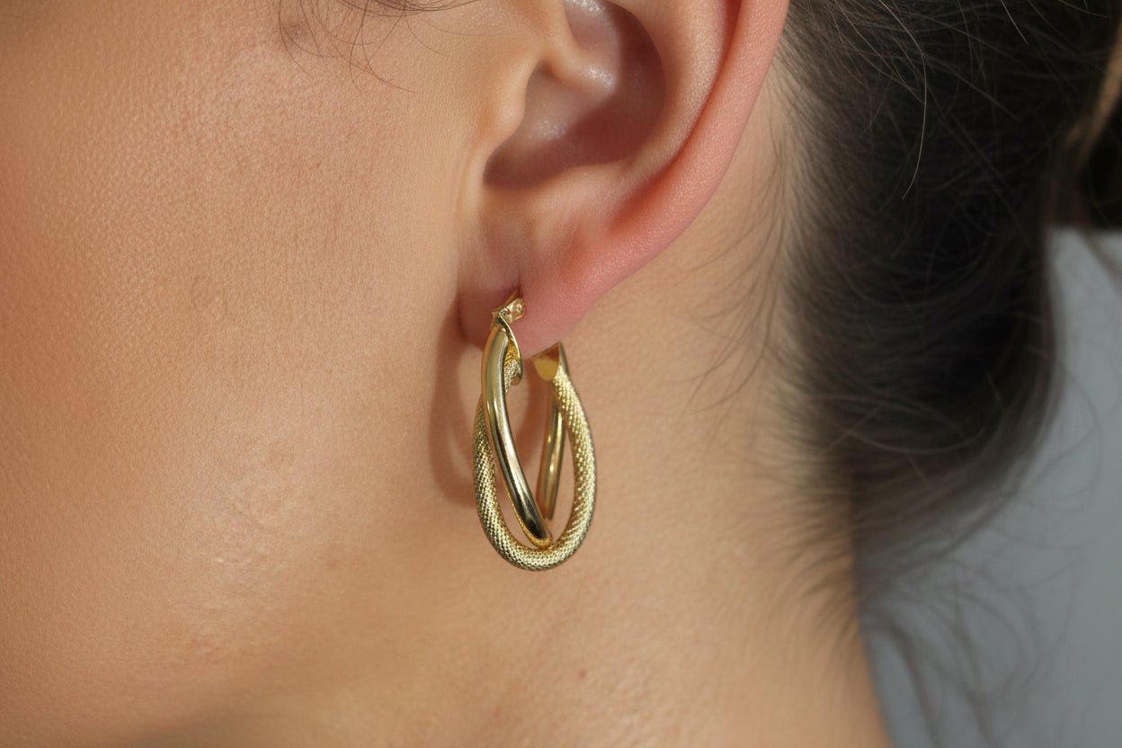 14K Solid Gold Twisted Double Hoop earrings, Textured & Polished Finish - Antonio Guzzo Fine Jewelry