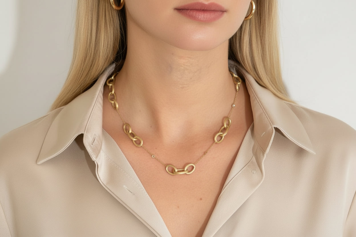 14K Yellow Gold Brushed Link & Bezel Stone Necklace - Antonio Guzzo Fine Jewelry