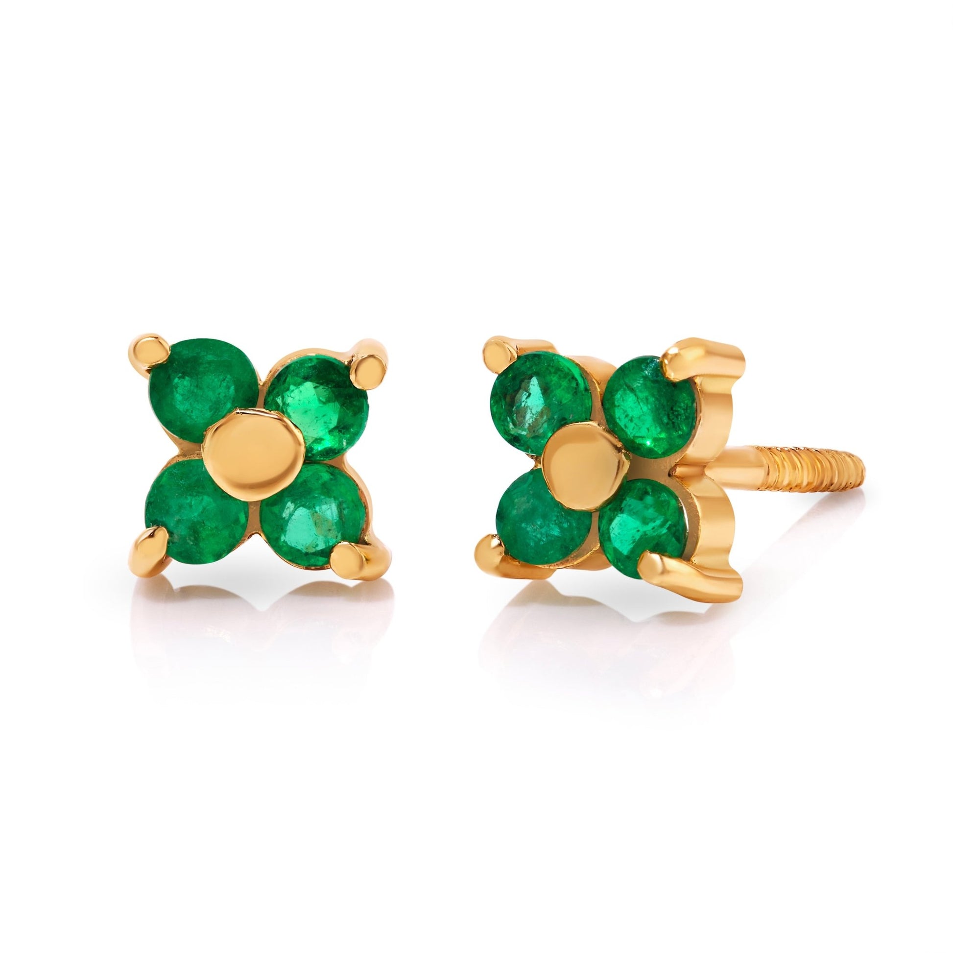 18k Natural Colombian Emerald Stud Earrings - Four - petal floral design - Antonio Guzzo Fine Jewelry